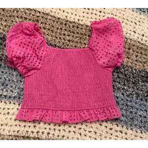 BuddyLove Pink Smocked Puff Sleeve Crop Top Square Neck Checkered Ruffle Small